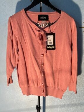 Collectif Dusty Pink Tie-Neck Button Cardigan